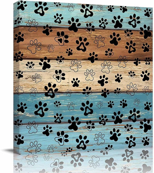 Framed Canvas Wall Art for Living Room Dog Paw Print Wall Decor, Retro Brown Teal Blue Wood Grain Aesthetic Paintings for Bedroom Office Kitchen Bathroom, Ready to Hang Artwork Wall Pictures 8x8 Inch