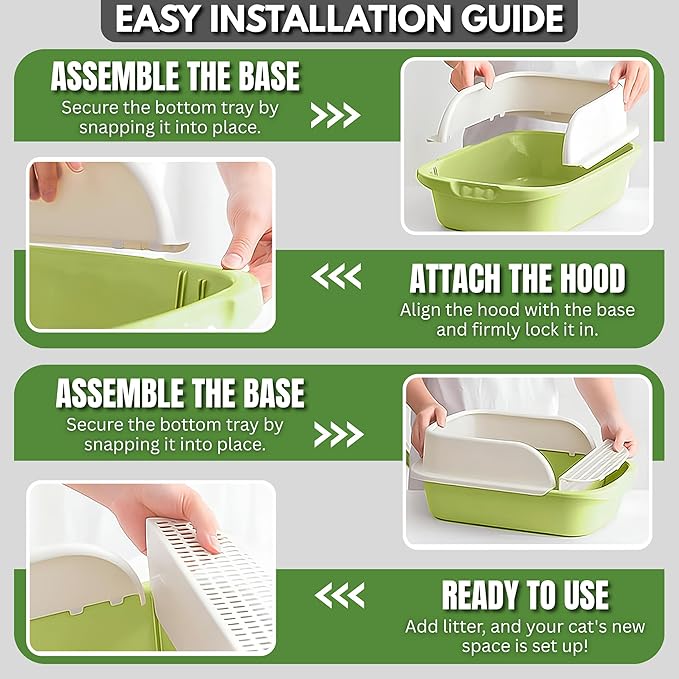 Large Open-Top Cat Litter Box with High Sides, Enclosed Scatter Shield Design, Easy Clean Plastic Litter Pan, Includes Scoop (Green)