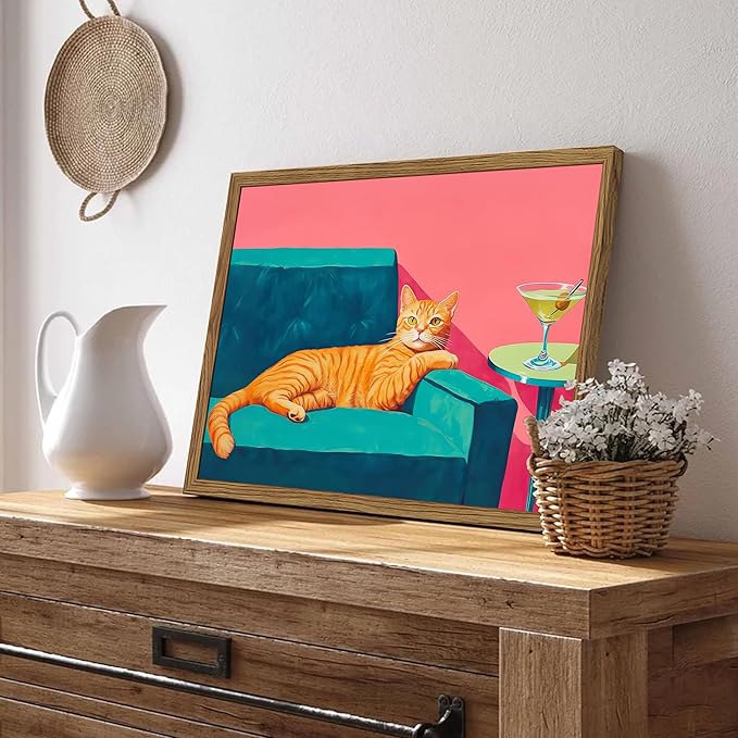Funny Cat Wall Art Orange Cat With Martini Wall Decor Painting Whimsical Animal Cocktail Bar Cart Poster Canvas Prints Quirky Pet Lover Picture for Bedroom Living Room Wood Framed 12x16 inch