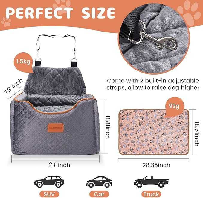 Memory Foam Booster Dog Car Seat with Washable Removable Cover, Elevated Pet Car Seat, Anti-Slip Sturdy Booster Seats for Small Dogs 35lbs, Seat Belt, Storage Pocket, Dog Blankets