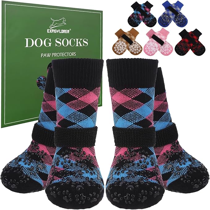 EXPAWLORER Dog Socks for Cold Winter Snow to Prevent Licking Paws, Anti Slip Doggie Booties Grippy Shoes for Hardwood Floors, Boots & Paw Protectors for Small Medium Large Senior Dogs Pink Blue XL