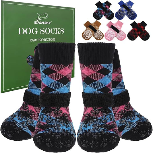 EXPAWLORER Dog Socks for Cold Winter Snow to Prevent Licking Paws, Anti Slip Doggie Booties Grippy Shoes for Hardwood Floors, Boots & Paw Protectors for Small Medium Large Senior Dogs Pink Blue M