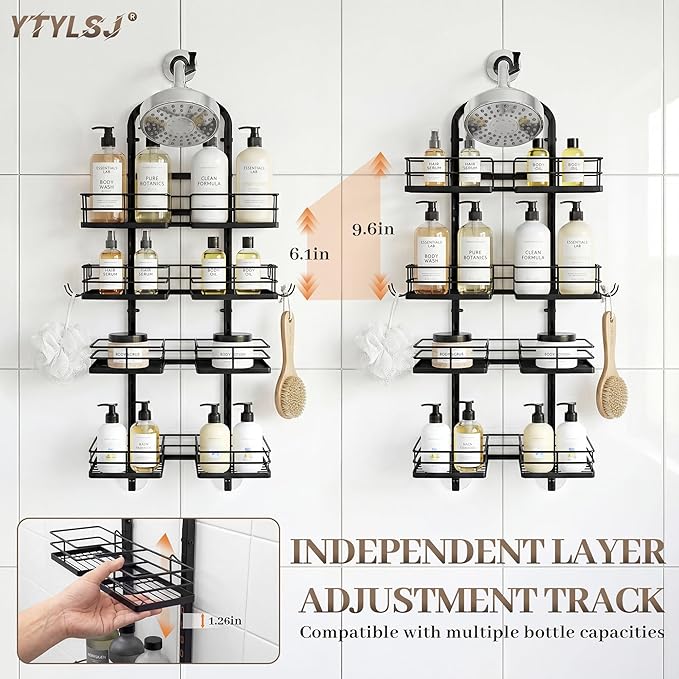 Aluminum Alloy Hanging Shower Caddy for Handheld Shower Heads, 4-Tier Adjustable Shower Rack, Rustproof Hose Hanging Shower Organizer with 2 S-Hooks, Matte Black