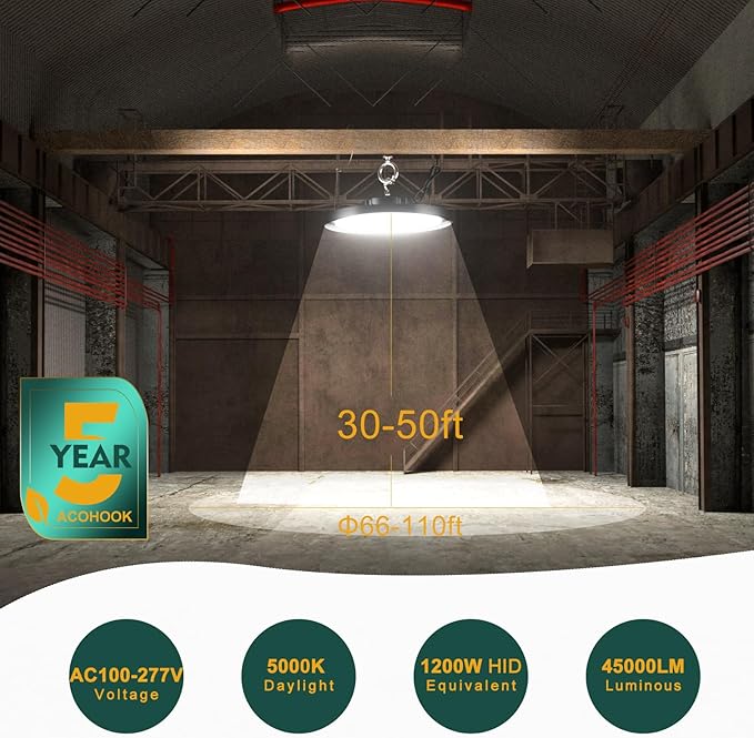 LED High Bay Light 300W（340x1W LED） 45000lm High Bay LED Lights, 5000K High Bay LED Shop Lights with US Plug, AC100-277V UFO Commercial Bay Lighting for 30-55FT Height -2Pack