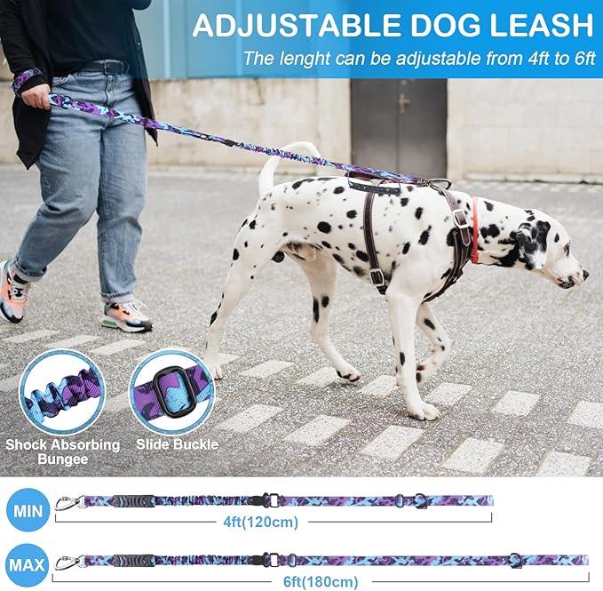 Heavy Duty Dog Leash for Medium Large Dogs That Pull,4-6FT Shock Absorbing Bungee Tactical Dog Leash with Control Padded Handle and Car Seatbelt,Reflective Lead for walking training,PurpleC