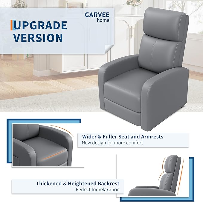 Garvee Recliner Chair for Adults, PU Leather Lazy Recliner Ergonomic Adjustable Single Sofa Enhanced with Side Pocket, Tall Back, Wide Arms & Padded Seat, Home Theater Seating for Living Room
