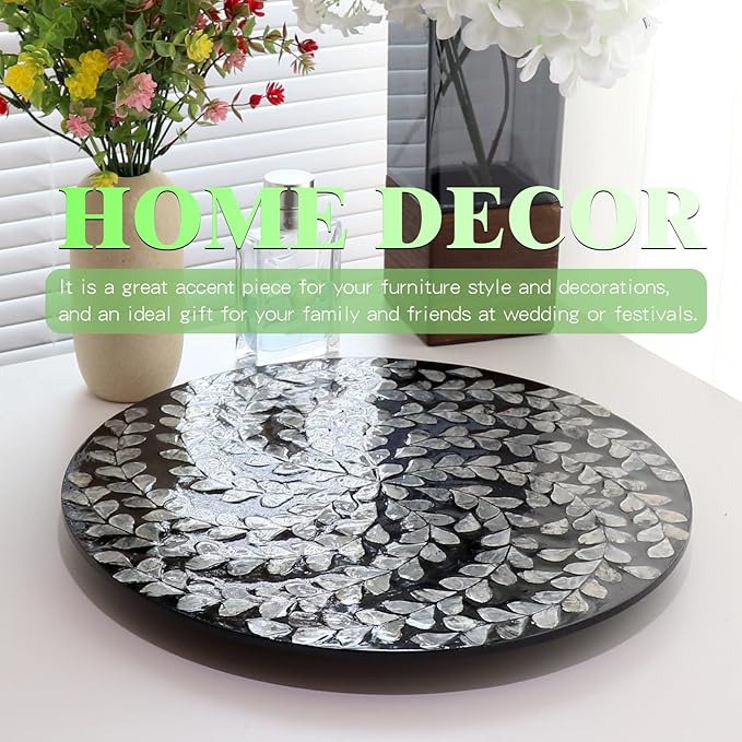 13.8" Mother of Pearl Lazy Susan Turnable Organizer, 360 Degree Round Table Countertop Decorative Spinning Tray for Kitchen Cabinet Counter Spice Pantry Dinner Table (Black Wicker)