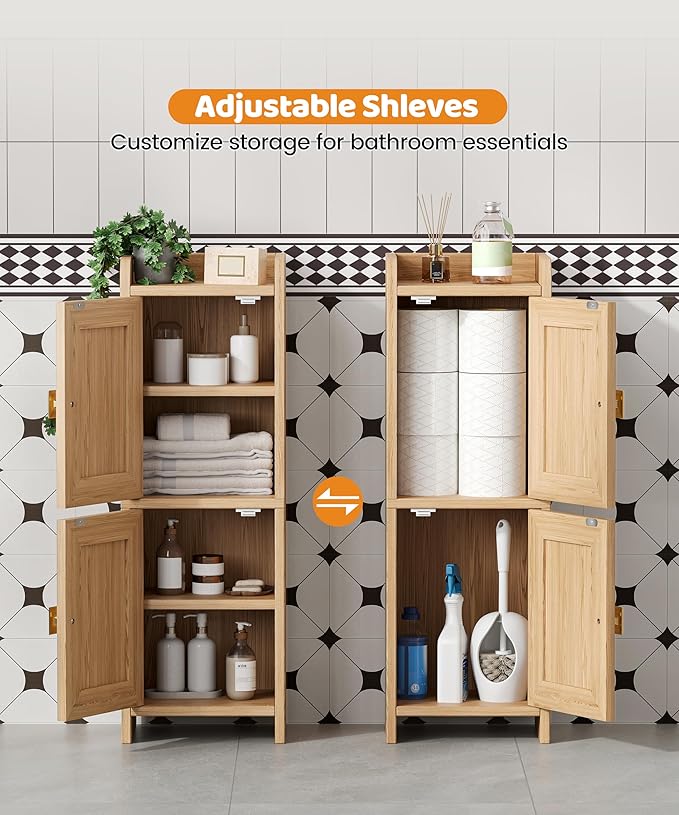 Rattan Small Bathroom Cabinet with 2 Doors, 7.9''D x 9.8''W Narrow Toilet Paper Storage Cabinet, Bathroom Organizer for Small Spaces, Wooden Slim Corner Unit with Adjustable Shelf, Natural Oak