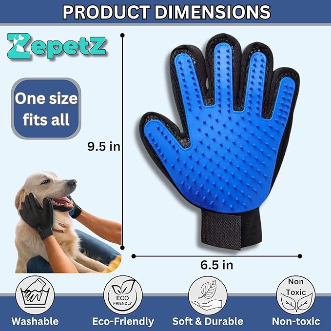 Pet Hair Remover Gloves - Gentle Deshedding & Grooming for Dogs, Cats & Horses (1 Pair, Blue)