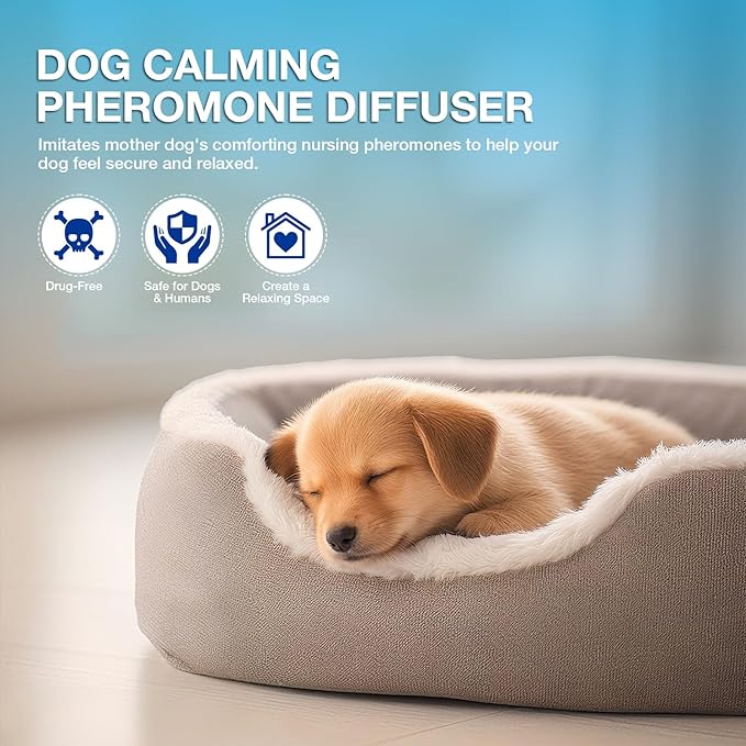 Dog Calming Pheromones Diffuser 6 in 1 Kit Appeasing Pheromone Diffuser to Calm (2 Plug in+4 Pack 48ml Refill) for Anxiety Relief Reduce Aggression Fighting Barking Stress 120 Day Supply(Tasteless)