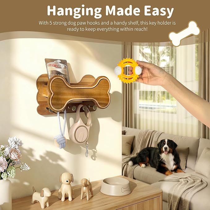 MTERSN Decorative Dog Leash Holder for Wall - Bone Key Holder Wall Mount with 5 3D Puppy Paw Hooks & Hanging Shelf for Dog Lover - Cute Stuff for Puppy Essentials (Acacia)