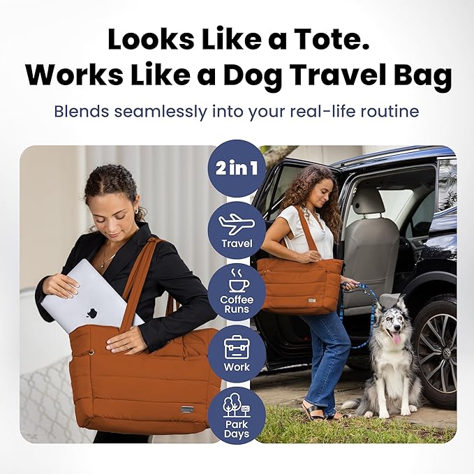 Puffer Dog Travel Bag for Dog Moms – Doggy Diaper Bag with Pet Bowls & Food Storage or Everyday Puffy Tote – Christmas Doggy Mom Gifts for Women – Lightweight, Travel-Ready Gift for Pet Lovers - Rust