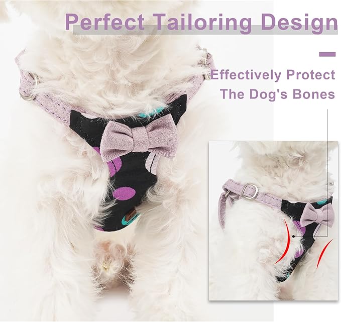Puppytie No Pull xs Dog Harness with Multifunction Dog Leash,Soft Adjustable No Choke Escape Proof Pet Harness Vest,Polka dots Taro Purple,XS