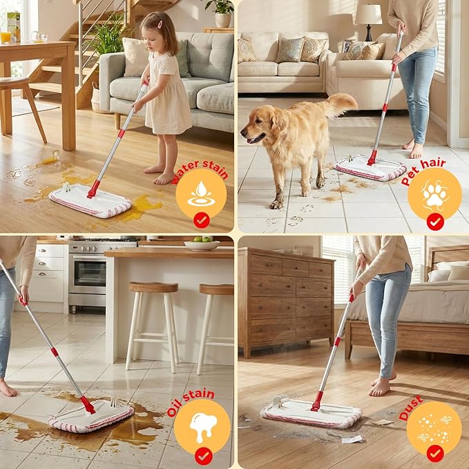 Microfiber Dust Mop for Floor Cleaning with 5 Reusable 16*9 inch Mop Pads, Wet and Dry Mop, Captures Pet Hair and Dust, Suitable for Vinyl, Wood, Tile, Laminate Flooring
