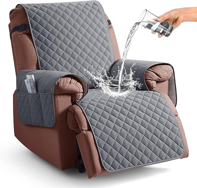 KinCam 100% Waterproof Recliner Chair Cover, Reclining Couch Covers for Pets, Dogs, Recliner Couch Slipcover Furniture Protector with Elastic Straps for Kids(25", Dark Gray)