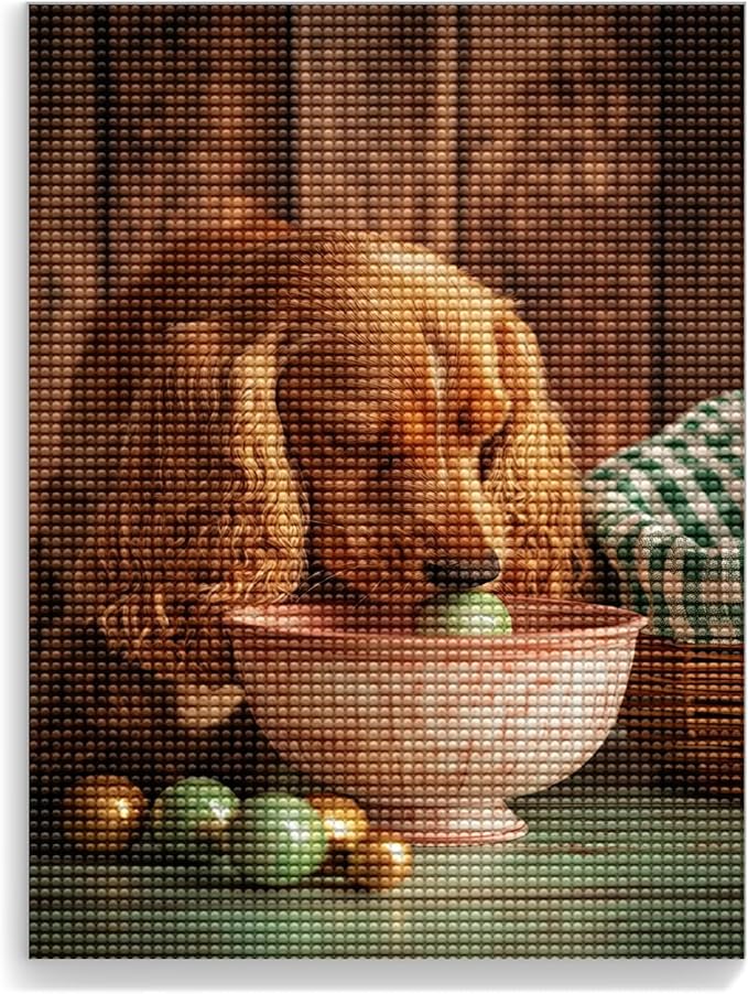 LTCZ Cocker Spaniel Sniffing Easter Eggs Diamond Art Painting Kits for Adults, Animal 5d Diamond Painting Dots Art Kits for Adults Beginner, Home Wall Decor 8 * 12Inch