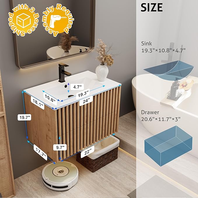 eclife 24" Floating Bathroom Vanity with Sink Combo, Modern Wall Mounted Cabinet with 2 Fluted Drawers, Undermount Sink, Faucet, Drain, Mixed Natural
