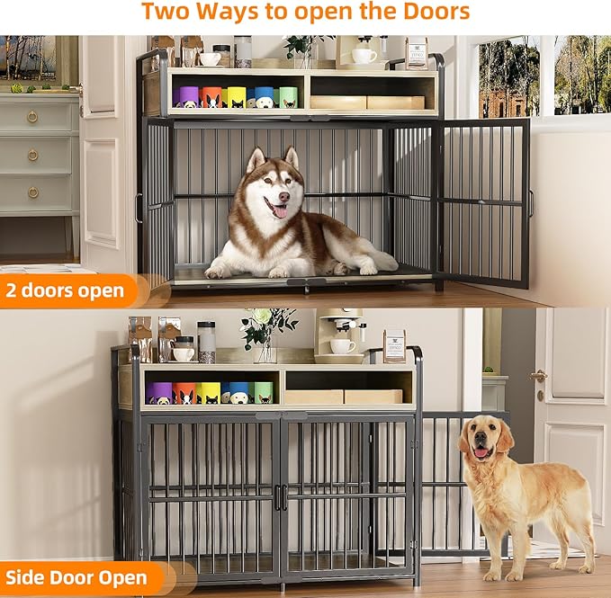 Large Dog Crate Furniture with Drawers Storage, Puppy Dog Kennel Indoor with Double Doors, Heavy Duty Wooden Dog Cage Table, Sturdy Metal, Gray