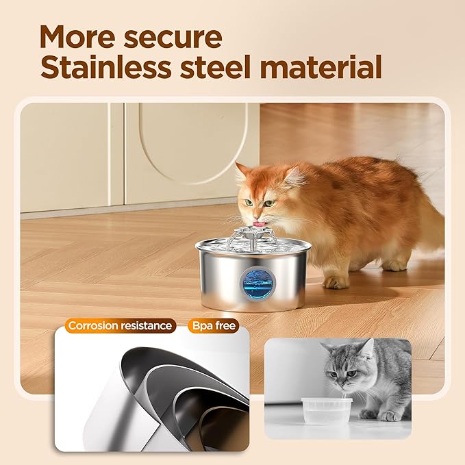 Cat Water Fountain Stainless Steel - 88oz/2.6L Pet Drinking Fountain for Cats Indoor with 8 Filters - Automatic Cat Watering Dispenser Bowl with Water Level Window - Quiet for Cats & Dogs Owners