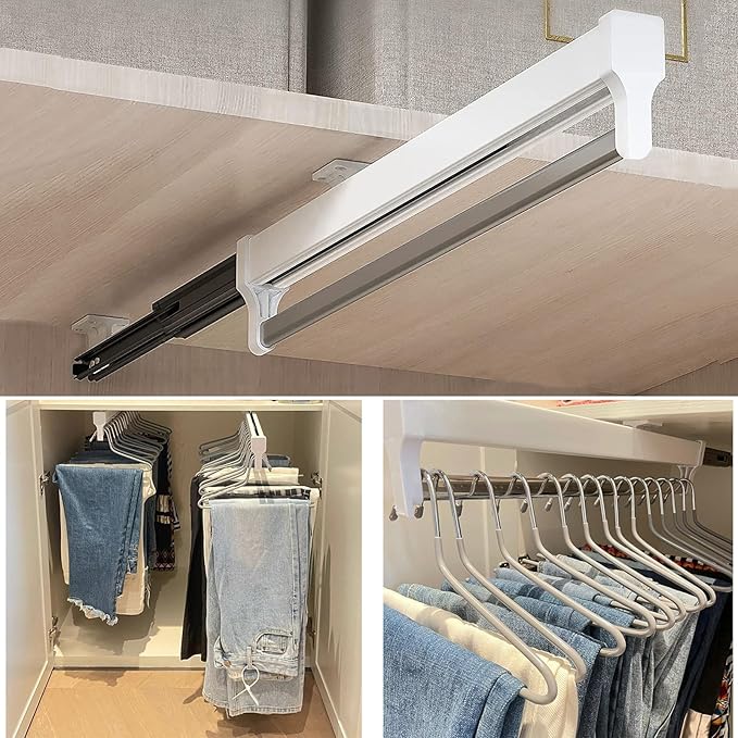 Pull Out Closet Valet Rod, Adjustable Sliding Heavy Duty Steel Top Mounted Clothes Storage Hanger Rail for Closet Wardrobe (547mm/21.5inch)