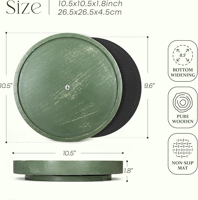 Pine Wood Non-Skid Lazy Susan for Table Top – 10.5" Lazy Susan Turntable for Cabinet, Kitchen Decor & Coffee Table - Ideal as a Spice Rack & Bathroom Tray with Rubber Mat (Green)