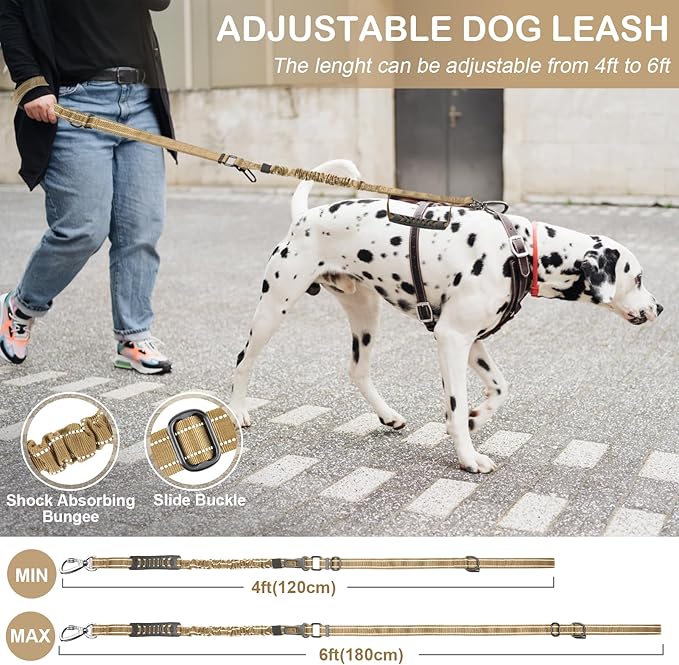 Tactical Dog Leash Heavy Duty, 4-6FT Shock Absorbing Bungee Dog Leash, Reflective Military Strong No Pull Lead with 2 Padded Handle and Car Seatbelt for Medium Large Dogs, Khaki