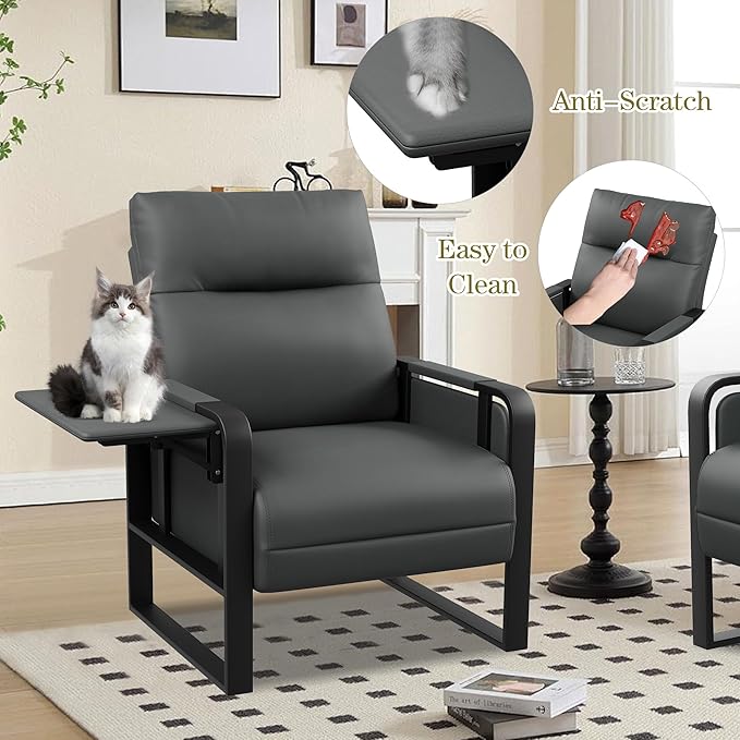 Modern Faux Leather Accent Chair Upholstered Armchair with Side Table for Bedroom Living Room Chairs Office Chair Grey Leisure Chair