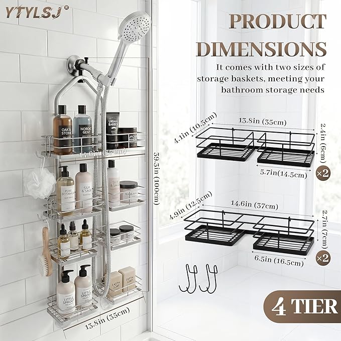 Aluminum Alloy Hanging Shower Caddy for Handheld Shower Heads, 4-Tier Adjustable Shower Rack, Rustproof Hose Hanging Shower Organizer with 2 S-Hooks, Silver