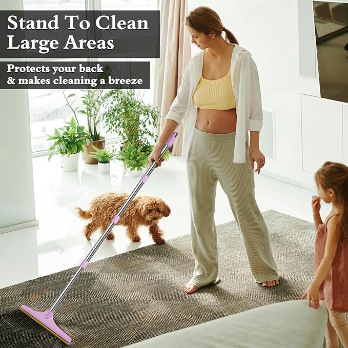 B-Land Carpet Rake for Pet Hair Removal, Reusable Pet Hair Removal Tool Cat Dog Hair Remover with 60” Long Adjustable Handle, Carpet Brush Carpet Scraper Pet Hair Remover Broom (Purple)