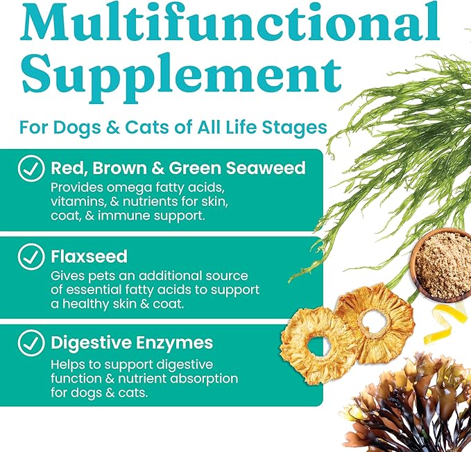 Solid Gold Cat & Dog Multivitamin Powder - Kelp Powder, Omega 3 & Vitamins for Dental, Digestive, Immune, Skin & Coat Health - Multi Vitamin for Dogs & Cats - Cat & Dog Food Additive Supplement - 1lb
