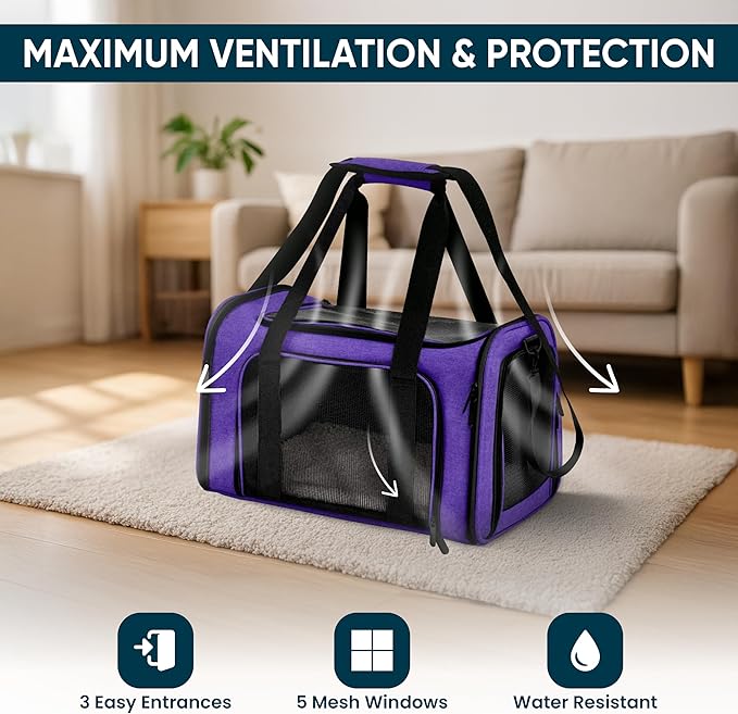 Pet Travel Carrier Bag – Airline Approved Soft-Sided Dog & Cat Carrier, Foldable, Breathable Mesh, Washable Pad – Fits Pets up to 15 lbs – The Pup Quartet (Purple)