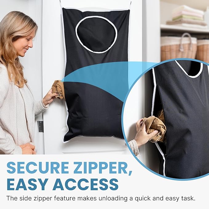 Hanging Laundry Hamper Bag XL 40x22", Space Saving over the Door Storage Bags, Behind the Door Hampers for Dirty Clothes & Wall Mounted Basket for Bathroom (1, Black)
