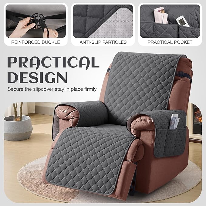 KinCam 100% Waterproof Recliner Chair Cover, Reclining Couch Covers for Pets, Dogs, Recliner Couch Slipcover Furniture Protector with Elastic Straps for Kids(23.6", Charcoal Gray)