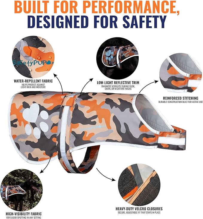 SafetyPUP XD Dog Reflective Vest – Hi-Vis Fluorescent Visibility That Helps to Safeguard Your Pet On/Off Leash in Urban & Rural Areas (Camo, Medium)