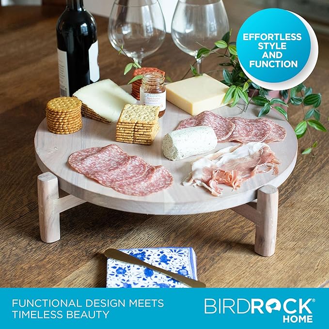 BIRDROCK HOME Elevated Lazy Susan | Rotating Acacia Wood Platter with Raised Legs | Ideal for Serving, Organizing, and Decor | Smooth 360° Rotation (White Wash, Medium)