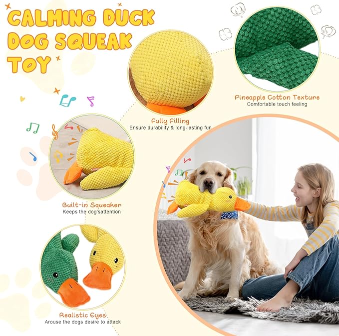 Quack-Quack Premium Emotional Support Duck Dog Toy, Mellow Calming Duck, Yellow Stuffed Dog Chew Toys for Indoor Puppy