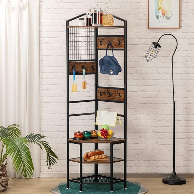 DOEWORKS 4-Tier Corner Industrial Hall Tree, Freestanding Entryway Coat Storage Rack with Hooks and Wooden Storage Shelves, Black