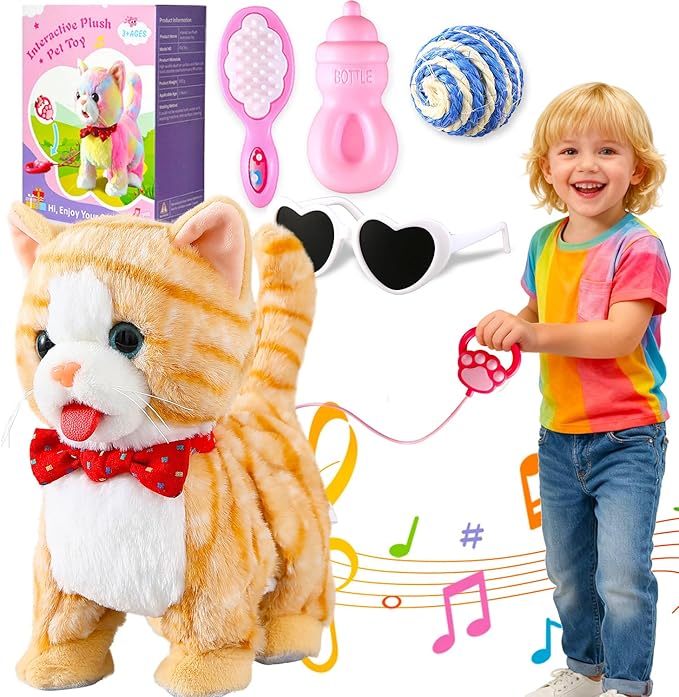 Yellow Walking Cat for Girls Set Toy Talking Singing Animated Robot Kitty Interactive Plush for Cat for Kids Kitten Robotic Plush That Meow and Purrs Electric Robot for Toddlers Baby