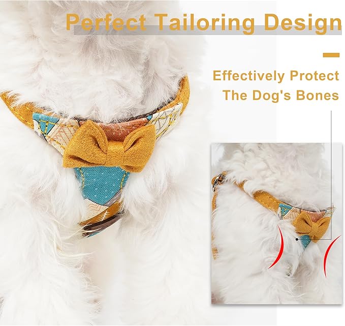 Puppytie No Pull Small Dog Harness with Multifunction Dog Leash,Lightweight Soft Adjustable No Choke Escape Proof Pet Harness Vest Pet Harness Vest,Suede Bow Yellow,S
