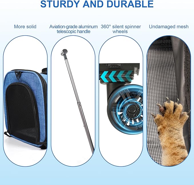 Cat Carrier with Wheels – Airline Approved Pet Travel Backpack, Soft-Sided Collapsible Rolling Carrier for Cats and Small Dogs, Expandable Top Loading Ventilated Design, Blue