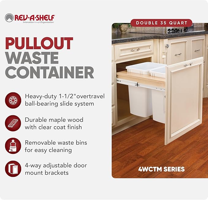 Rev-A-Shelf Top Mount Double Pullout Under Cabinet 35 Quart Kitchen Trash Cans with 150 Pound Rated Full-Extension Slides, 4WCTM-24DM2