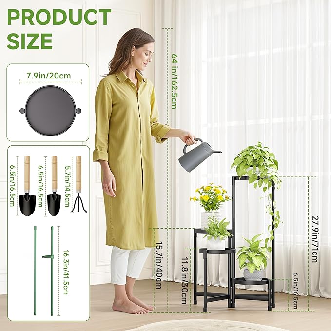 Folding Plant Stand Indoor Outdoor with Metal Tray, 4 Tiered Corner Flower Holder Shelf Metal Orchid Display Rack for Patio Porch Living Room Garden Balcony, Modern Black