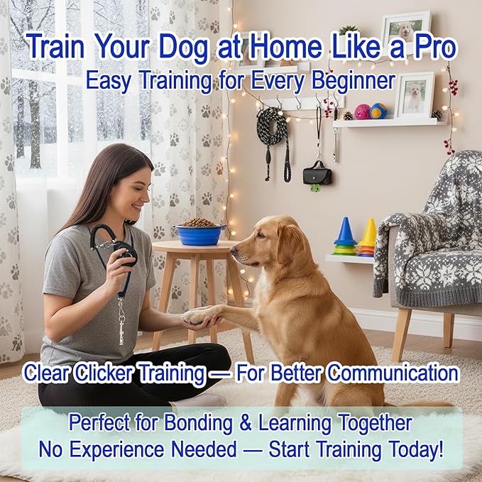 Dog Training Starter Kit for Beginners, 5-Piece Puppy Training Set with Reflective Leash, Clicker, Adjustable Whistle, Collapsible Slow Feeder Bowl and Poop Bag Holder, New Dog Owner Essentials
