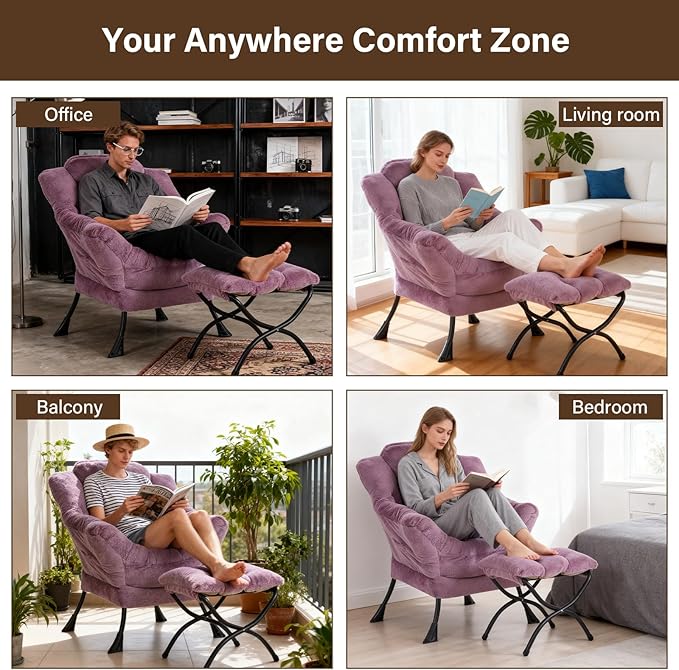 Welnow Lazy Chair with Ottoman, Modern Lounge Accent Chair with Armrests and a Side Pocket, Leisure Sofa Armchair Set, Reading Armchair with Footrest for Small Space, Plush Purple