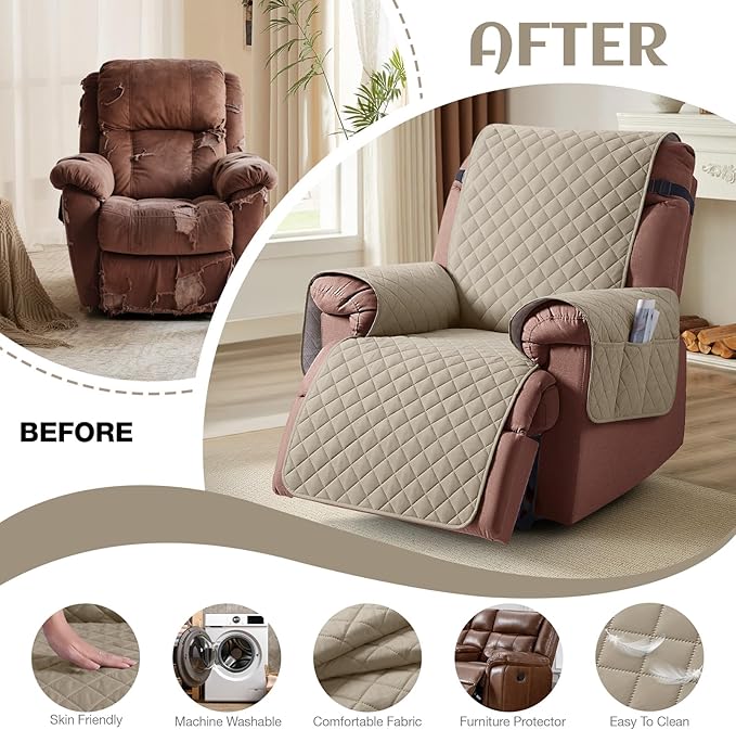 KinCam 100% Waterproof Recliner Chair Cover, Reclining Couch Covers for Pets, Dogs, Recliner Couch Slipcover Furniture Protector with Elastic Straps for Kids(30", Khaki)