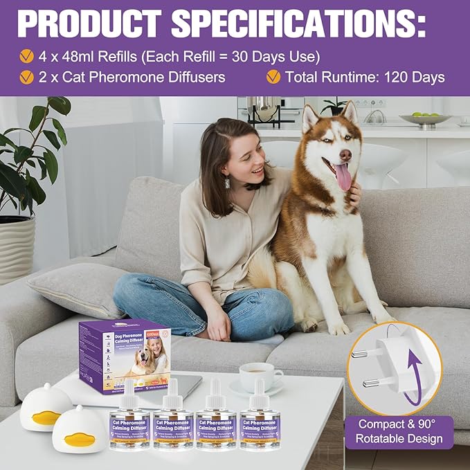 Dog Calming Pheromone Diffuser 6 in 1 Kit, Relieve Separation Anxiety, Stress Barking & Chewing,Dog Appeasing Pheromone Diffuser to Calm, 2 Plugs + 4 Refills (5)
