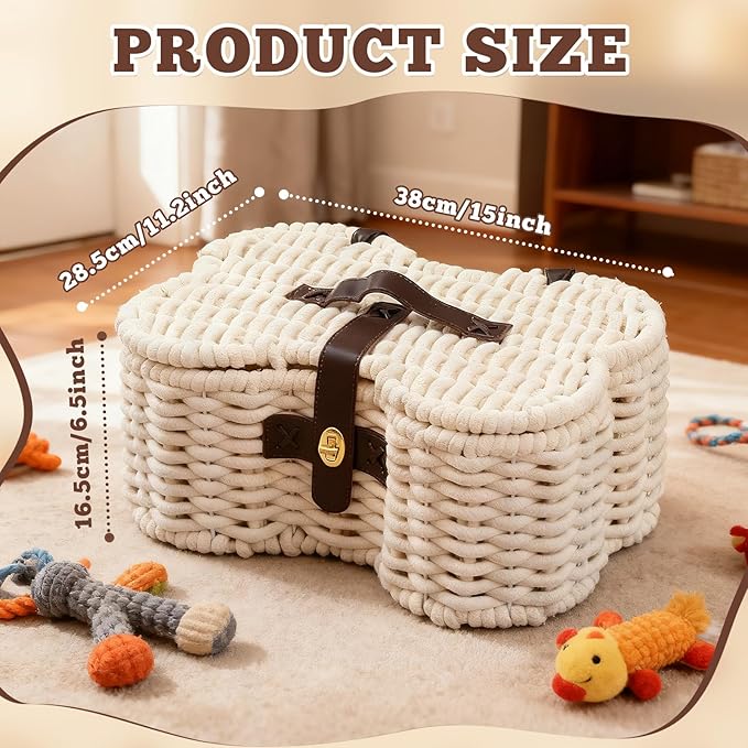 Dog Toys Bin, Cotton Rope Basket Bone Shaped Pet Toys Organizer, Handmade Pet Toy Bin, Woven Baskets for Storage, 14.96" x 11.22" x 6.5"inch