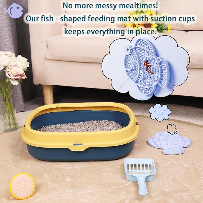 Suhaco Kitten Starter Kit for Indoor Kittens 7 Pcs Litter Box with Cat Litter & Litter Scoop Teaser Wand Licking Mat Bath Brush 7 in 1 Cat Litter Box (Blue)