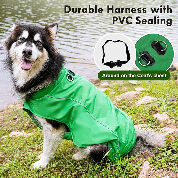 Outdoor Waterproof Dog Jacket for Large Dogs,Doggie Coats with Harness Buitl in D-Ring Warm Fleece Dog Clothes for Cold Winter,Green 3XL