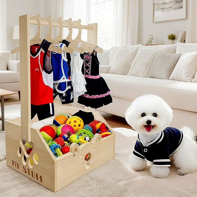20" x 13.5" x 9" Wooden Dog Closet for Small Dogs - 2-in-1 Clothes Hanger & Storage Basket, with Cute Pet-Face Design, Practical Organizer for Pet Supplies, Home Decor & Dog Gear Tidying